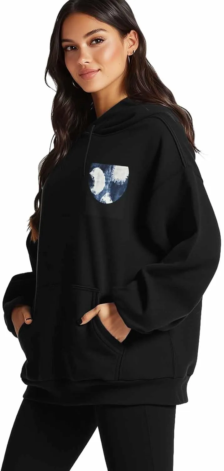BEMIGO Hooded Sweatshirt Women Blue Cozy Black/White Sweatshirt with Oversized Front Pocket Watercolor Printed Trendy Tops