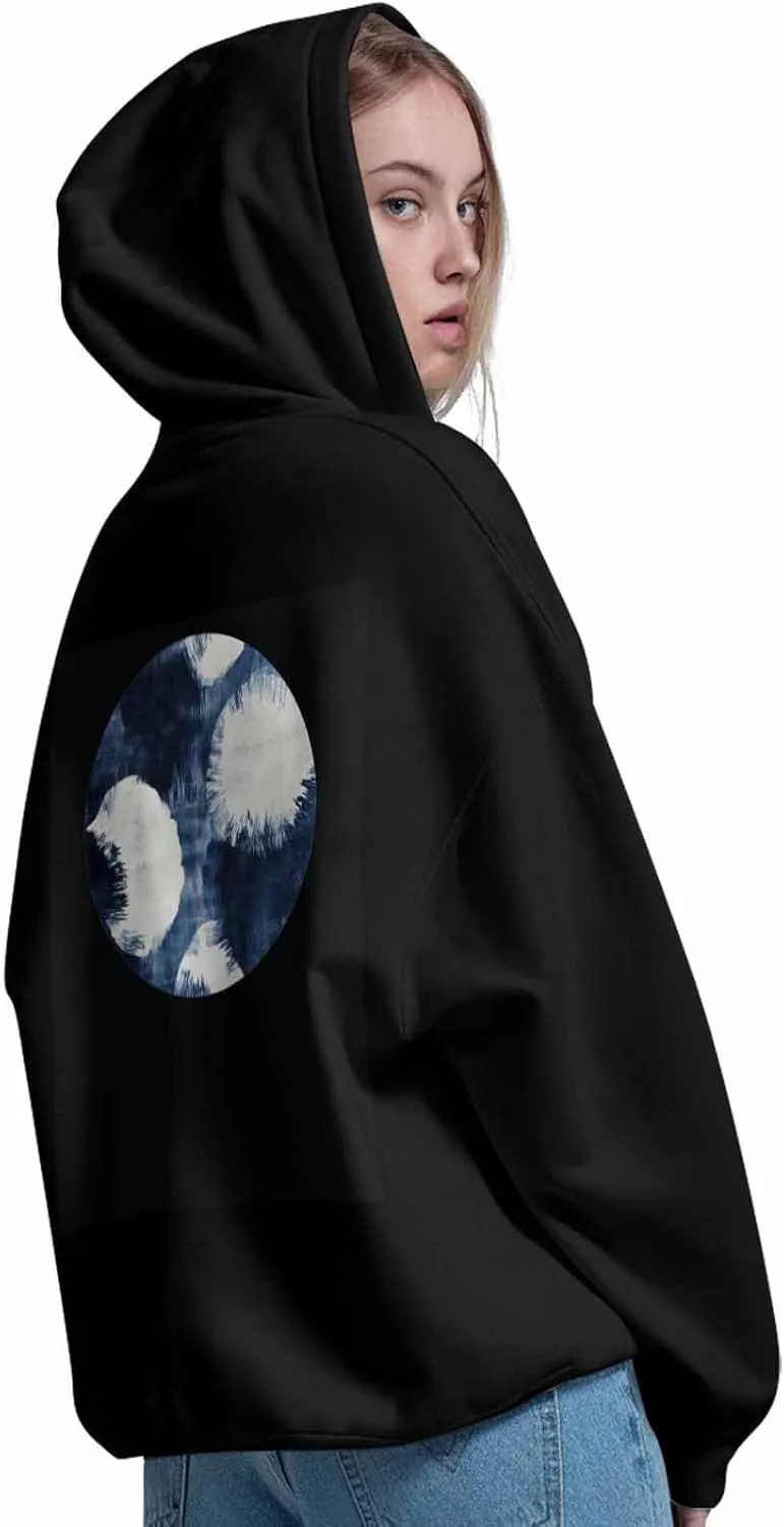 BEMIGO Hooded Sweatshirt Women Blue Cozy Black/White Sweatshirt with Oversized Front Pocket Watercolor Printed Trendy Tops