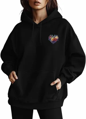 BEMIGO Hooded Sweatshirt Women Flower Cozy Black/White Sweatshirt with Oversized Front Pocket Heart Printed Trendy Tops
