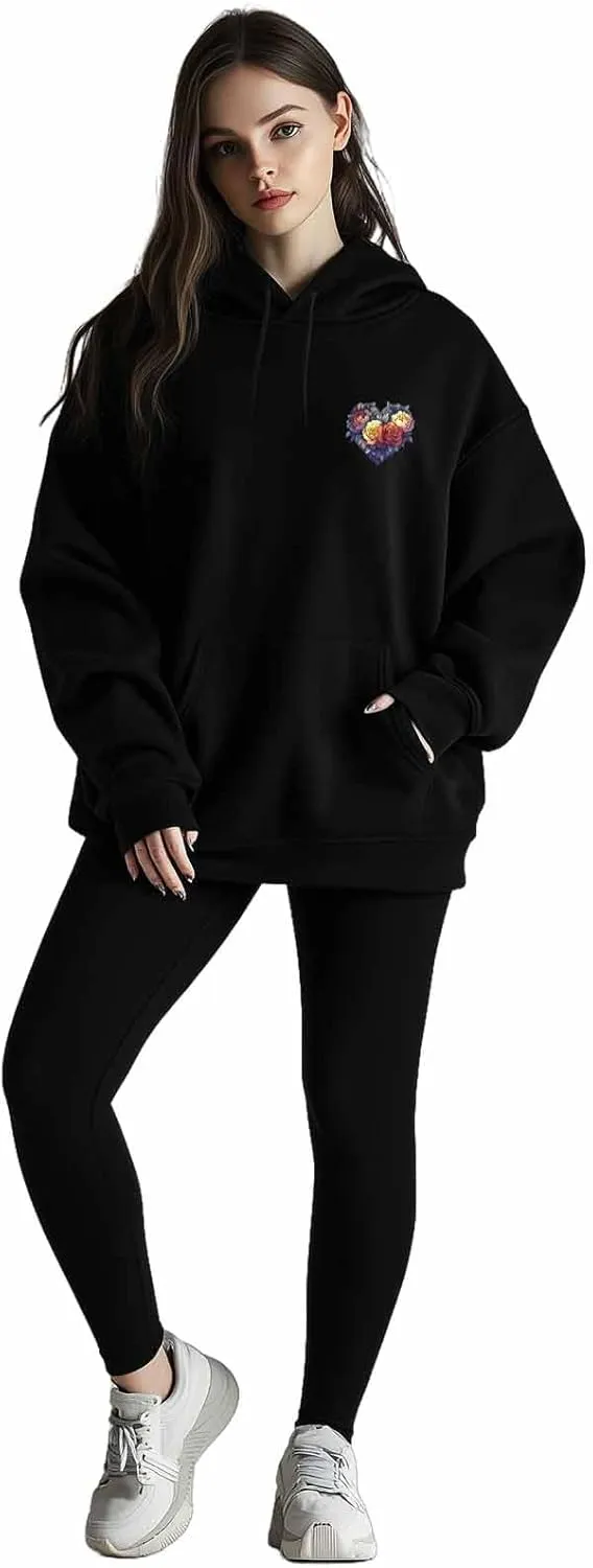 BEMIGO Hooded Sweatshirt Women Flower Cozy Black/White Sweatshirt with Oversized Front Pocket Heart Printed Trendy Tops