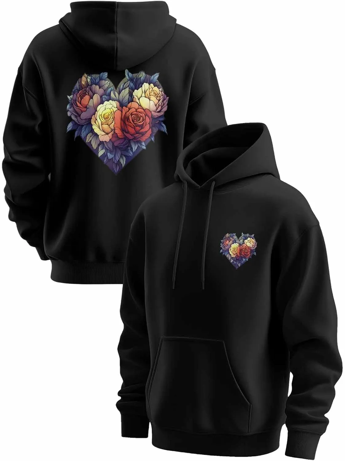 BEMIGO Hooded Sweatshirt Women Flower Cozy Black/White Sweatshirt with Oversized Front Pocket Heart Printed Trendy Tops
