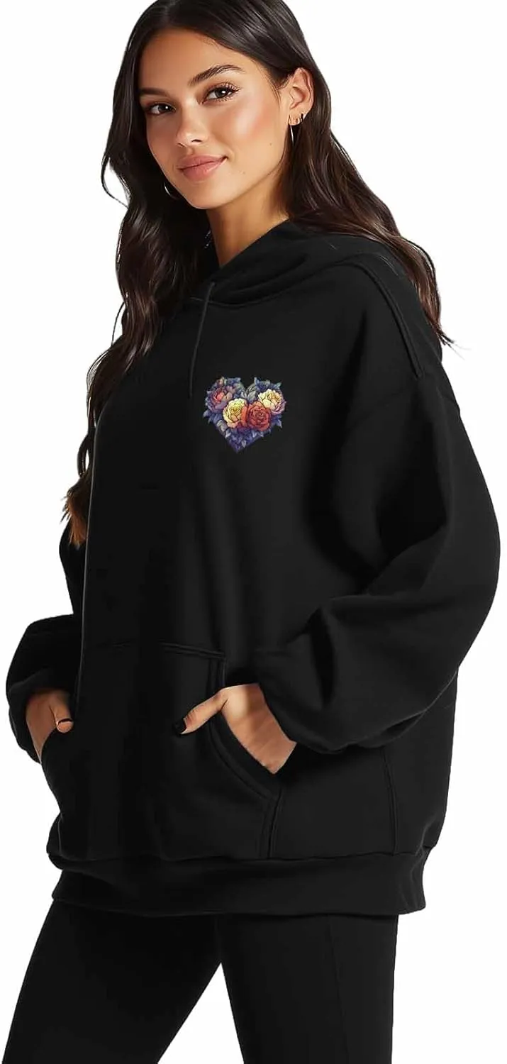 BEMIGO Hooded Sweatshirt Women Flower Cozy Black/White Sweatshirt with Oversized Front Pocket Heart Printed Trendy Tops
