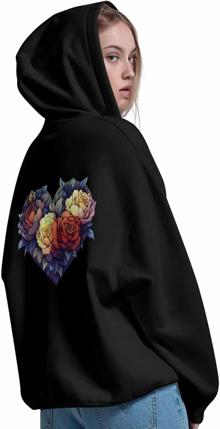 BEMIGO Hooded Sweatshirt Women Flower Cozy Black/White Sweatshirt with Oversized Front Pocket Heart Printed Trendy Tops
