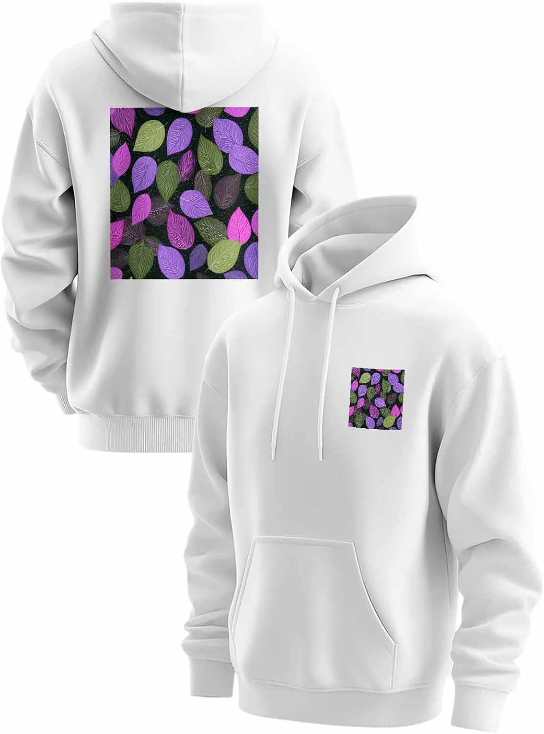 BEMIGO Hooded Sweatshirt Women Leaves Cozy Black/White Sweatshirt with Oversized Front Pocket Colorful Printed Trendy Tops