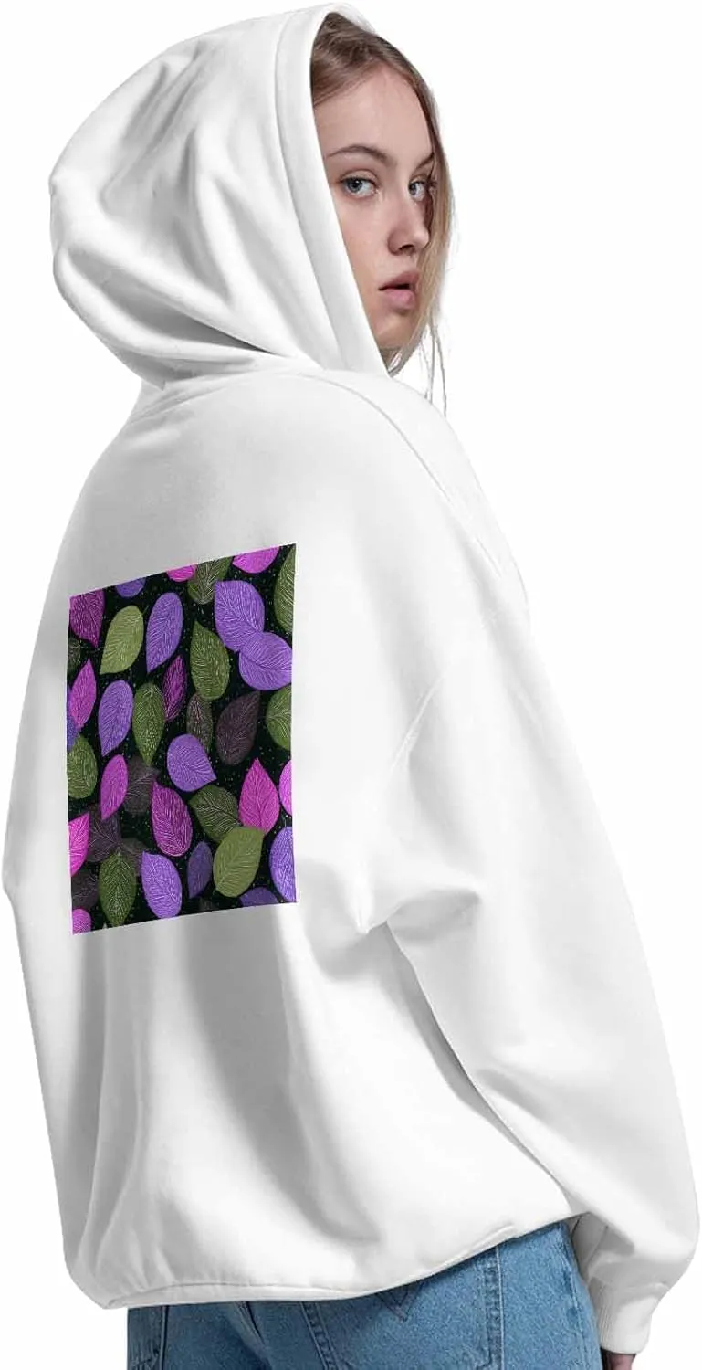 BEMIGO Hooded Sweatshirt Women Leaves Cozy Black/White Sweatshirt with Oversized Front Pocket Colorful Printed Trendy Tops