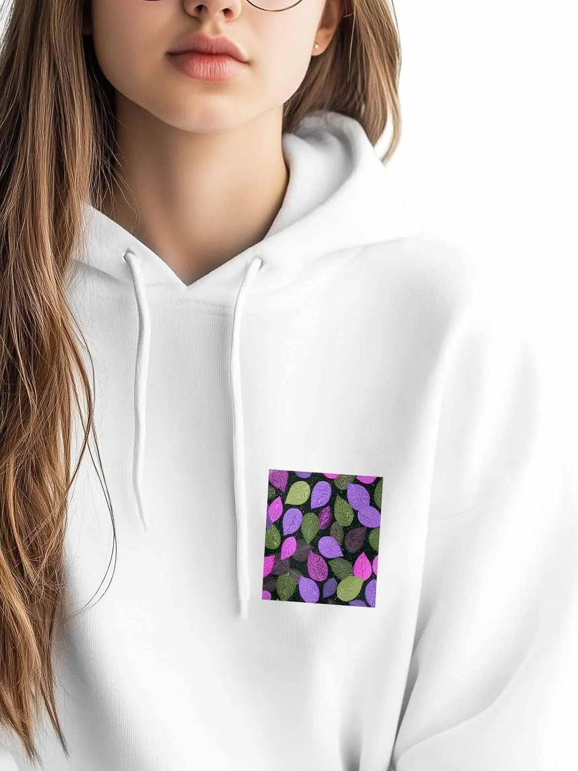 BEMIGO Hooded Sweatshirt Women Leaves Cozy Black/White Sweatshirt with Oversized Front Pocket Colorful Printed Trendy Tops