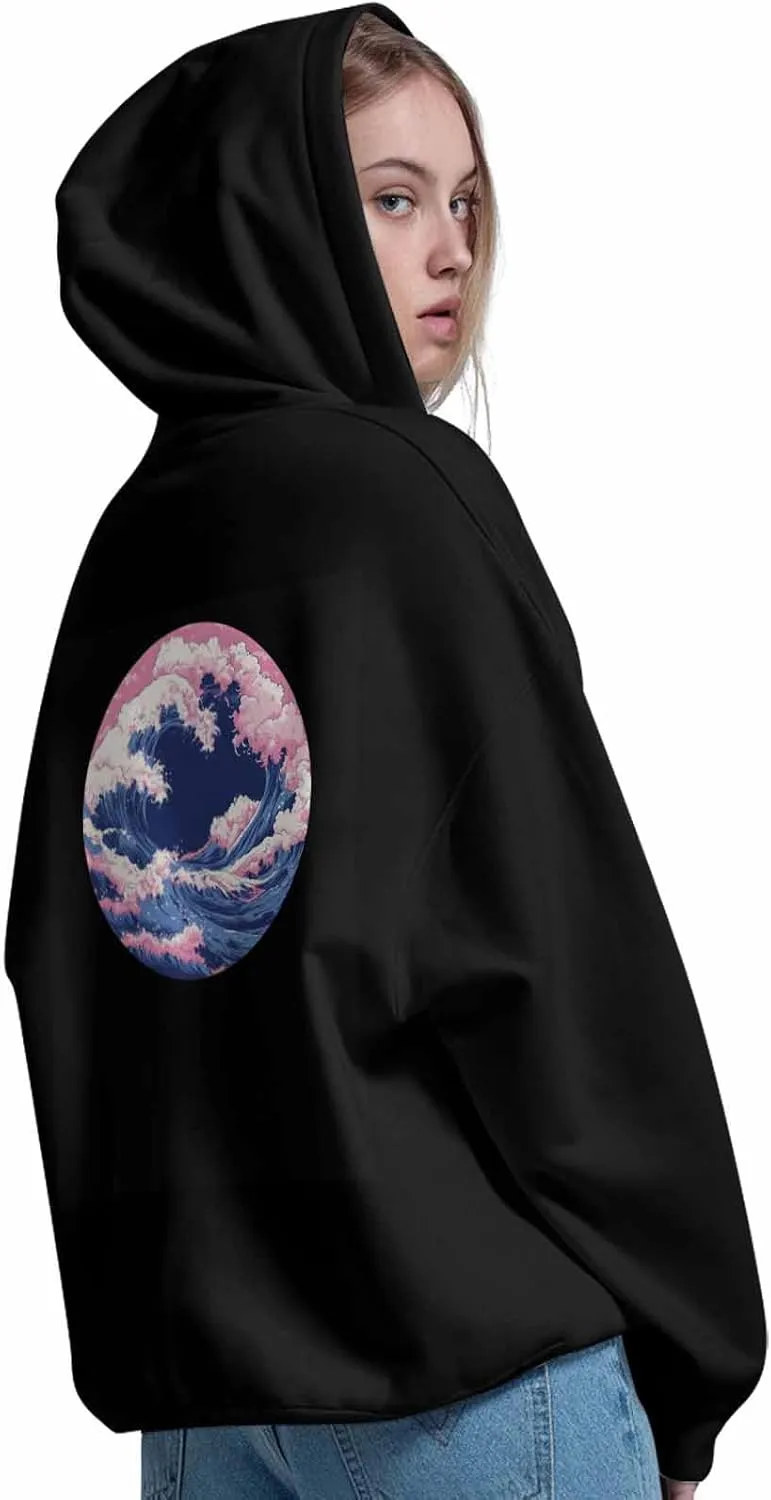 BEMIGO Hooded Sweatshirt Women Pink Blue Cozy Black/White Sweatshirt with Oversized Front Pocket Waves Printed Trendy Tops