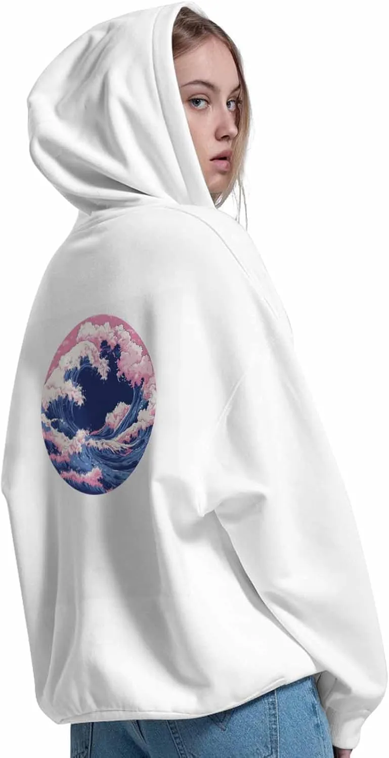 BEMIGO Hooded Sweatshirt Women Pink Blue Cozy Black/White Sweatshirt with Oversized Front Pocket Waves Printed Trendy Tops