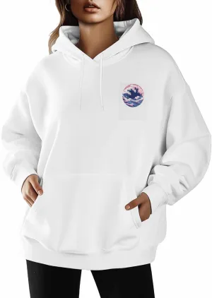 BEMIGO Hooded Sweatshirt Women Pink Blue Cozy Black/White Sweatshirt with Oversized Front Pocket Waves Printed Trendy Tops