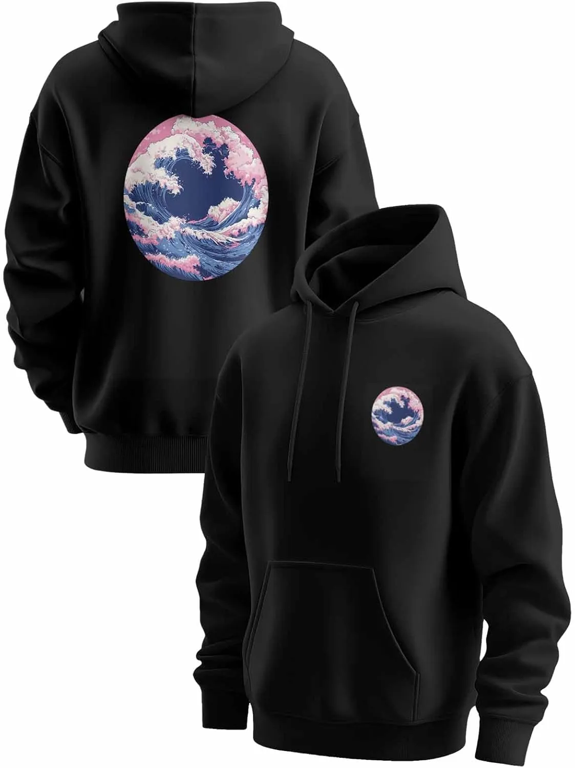 BEMIGO Hooded Sweatshirt Women Pink Blue Cozy Black/White Sweatshirt with Oversized Front Pocket Waves Printed Trendy Tops