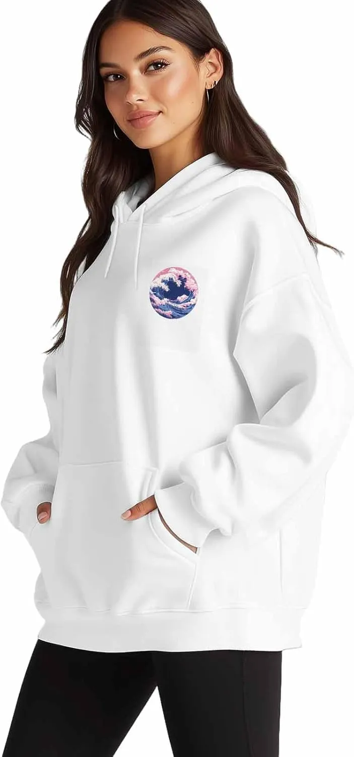 BEMIGO Hooded Sweatshirt Women Pink Blue Cozy Black/White Sweatshirt with Oversized Front Pocket Waves Printed Trendy Tops