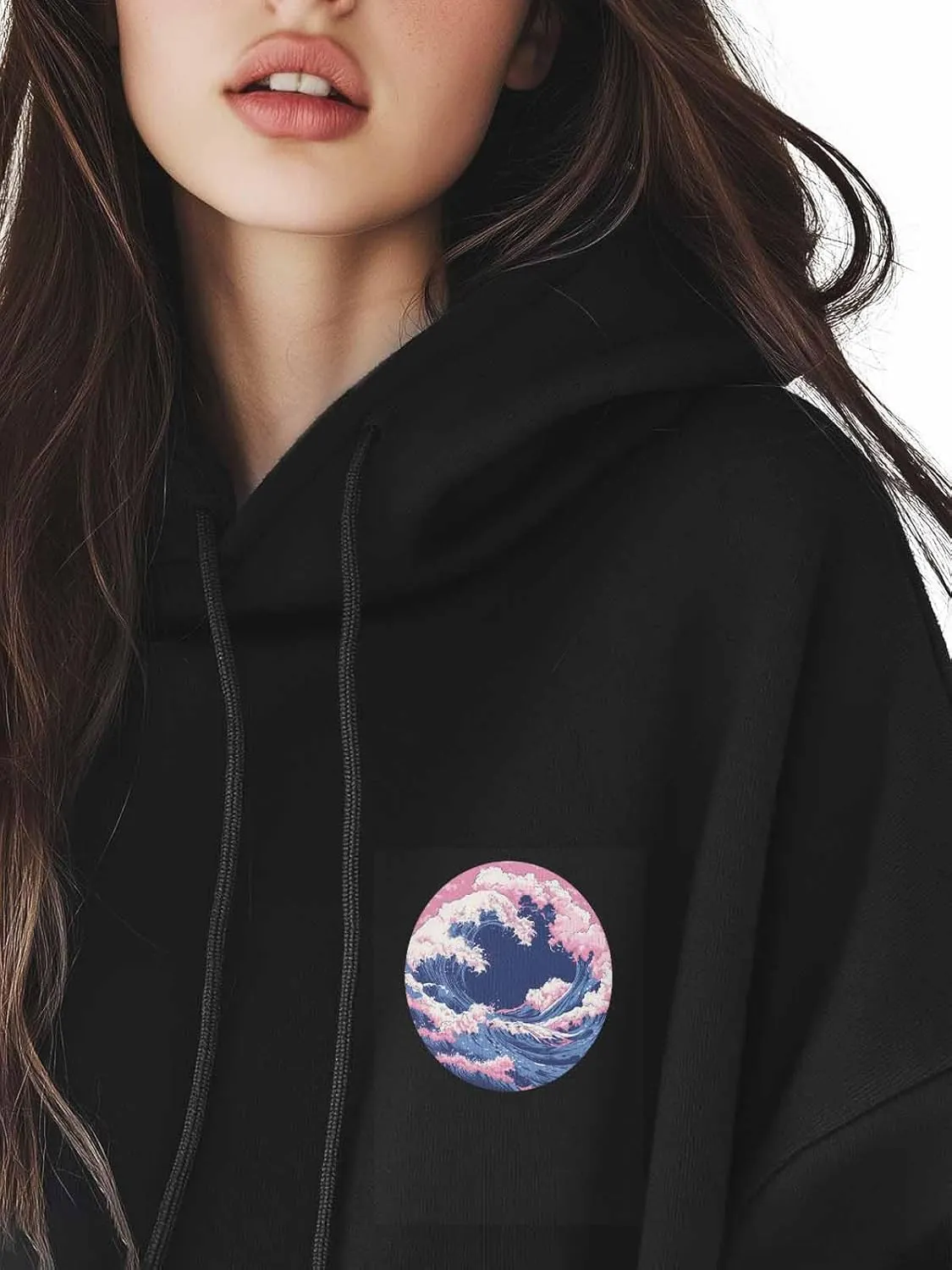 BEMIGO Hooded Sweatshirt Women Pink Blue Cozy Black/White Sweatshirt with Oversized Front Pocket Waves Printed Trendy Tops