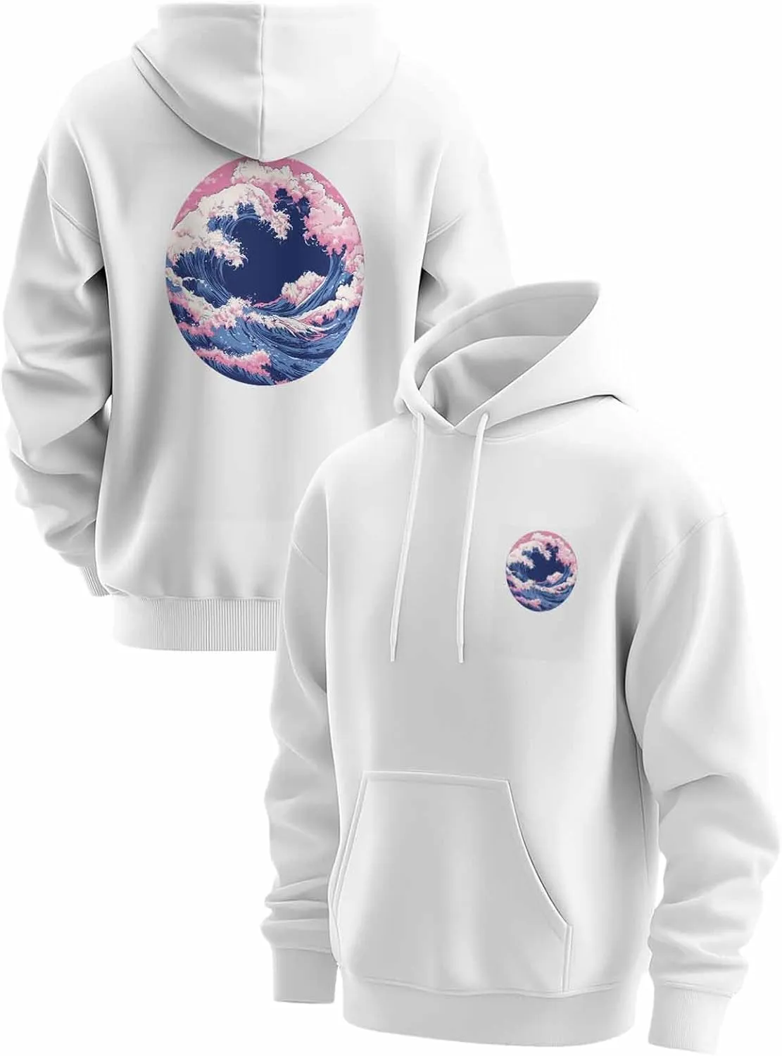 BEMIGO Hooded Sweatshirt Women Pink Blue Cozy Black/White Sweatshirt with Oversized Front Pocket Waves Printed Trendy Tops