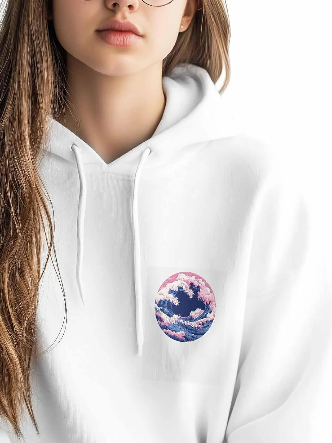 BEMIGO Hooded Sweatshirt Women Pink Blue Cozy Black/White Sweatshirt with Oversized Front Pocket Waves Printed Trendy Tops