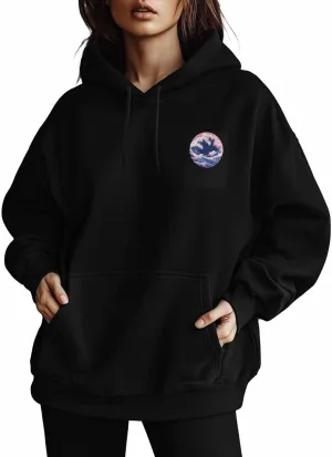 BEMIGO Hooded Sweatshirt Women Pink Blue Cozy Black/White Sweatshirt with Oversized Front Pocket Waves Printed Trendy Tops