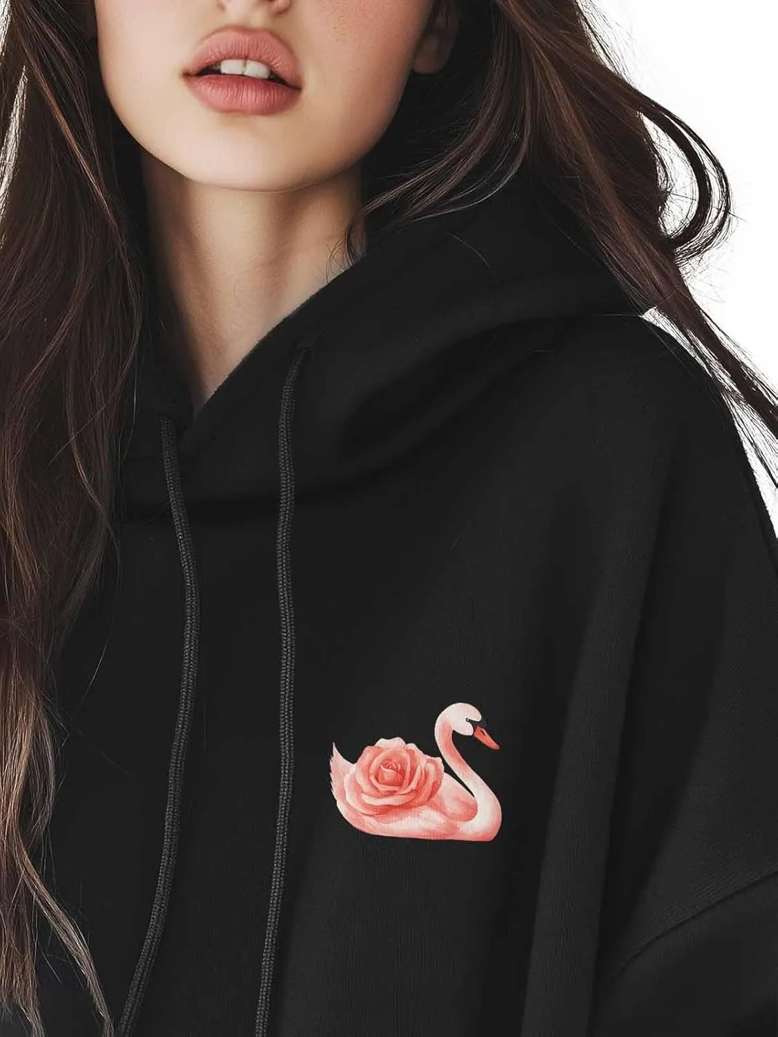 BEMIGO Hooded Sweatshirt Women Swan Cozy Black/White Sweatshirt with Oversized Front Pocket Elegant Printed Trendy Tops