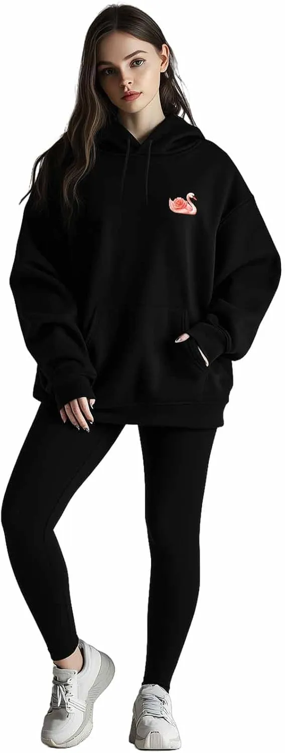 BEMIGO Hooded Sweatshirt Women Swan Cozy Black/White Sweatshirt with Oversized Front Pocket Elegant Printed Trendy Tops
