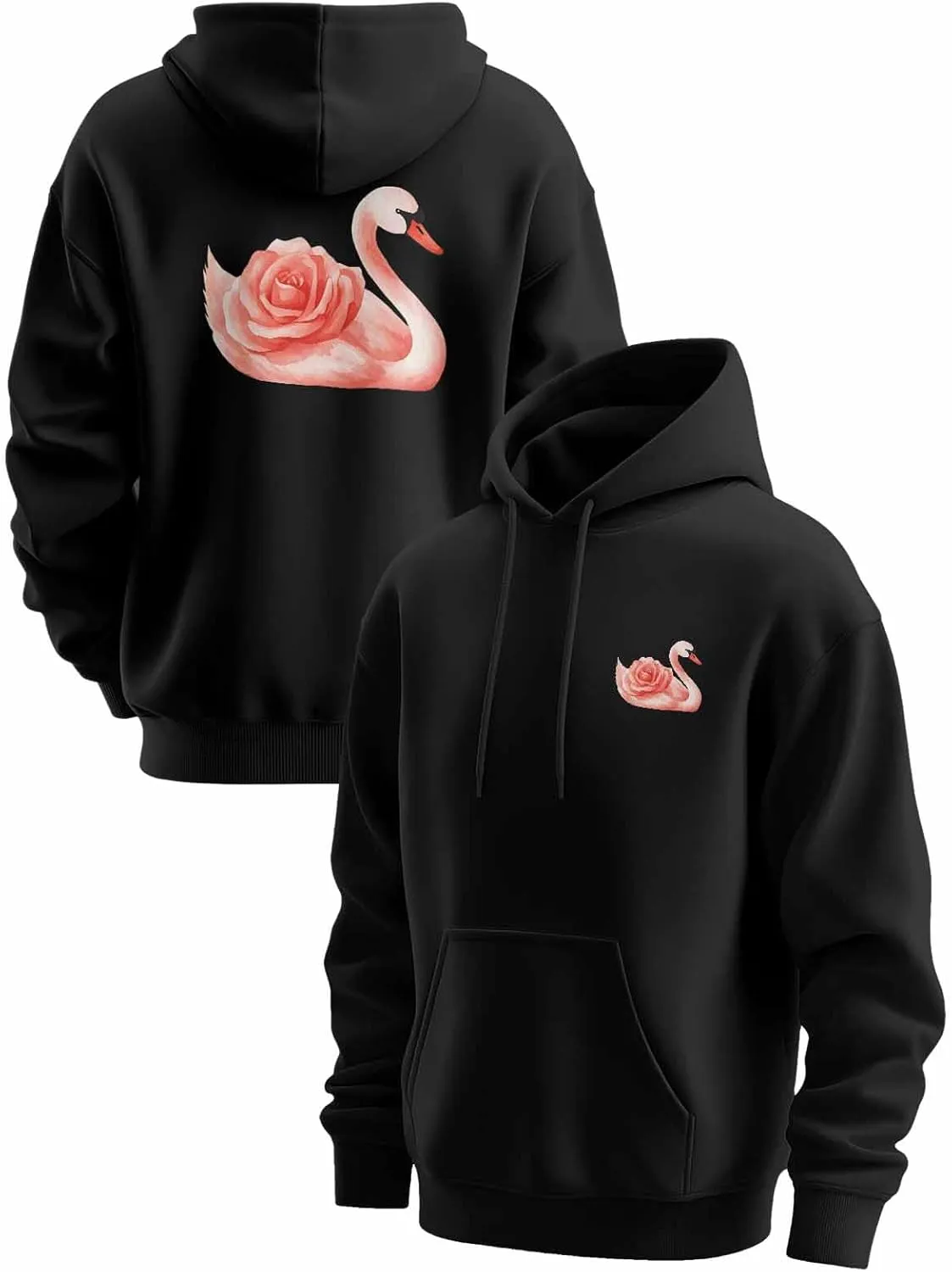 BEMIGO Hooded Sweatshirt Women Swan Cozy Black/White Sweatshirt with Oversized Front Pocket Elegant Printed Trendy Tops