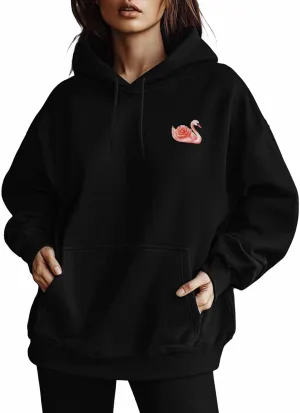 BEMIGO Hooded Sweatshirt Women Swan Cozy Black/White Sweatshirt with Oversized Front Pocket Elegant Printed Trendy Tops
