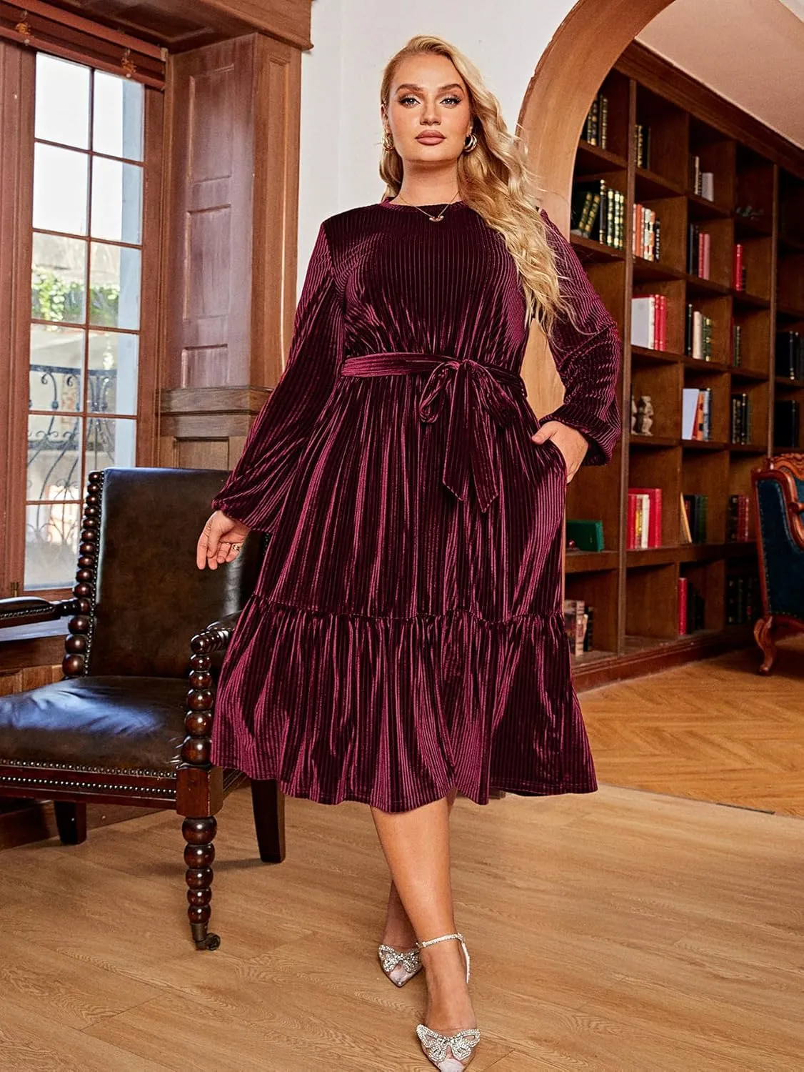 BerryGo Women's Plus Size Long Sleeve Velvet Midi Dress Casual Velour Crew Neck A Line Tiered Dresses for Wedding Guest
