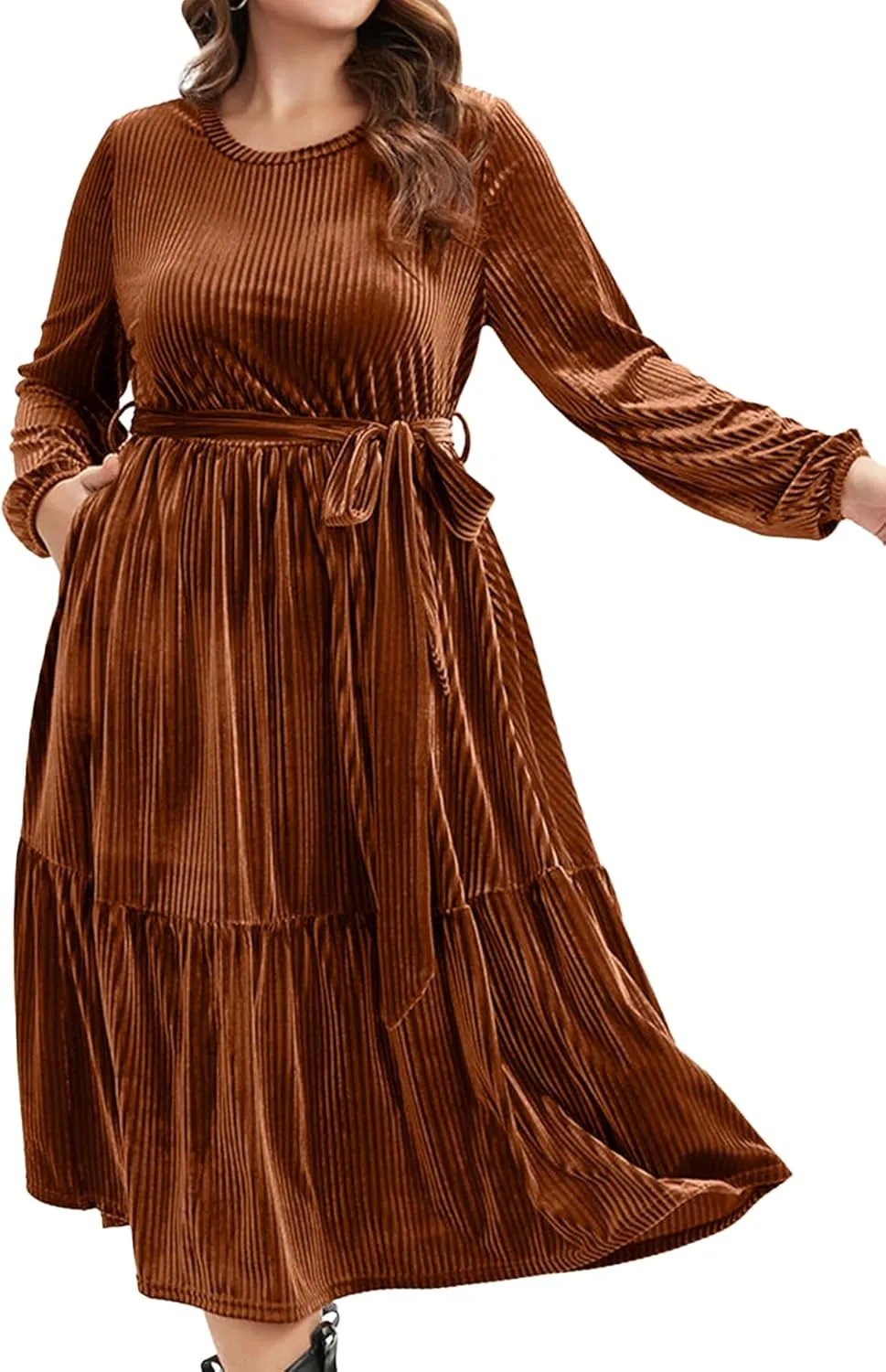 BerryGo Women's Plus Size Long Sleeve Velvet Midi Dress Casual Velour Crew Neck A Line Tiered Dresses for Wedding Guest