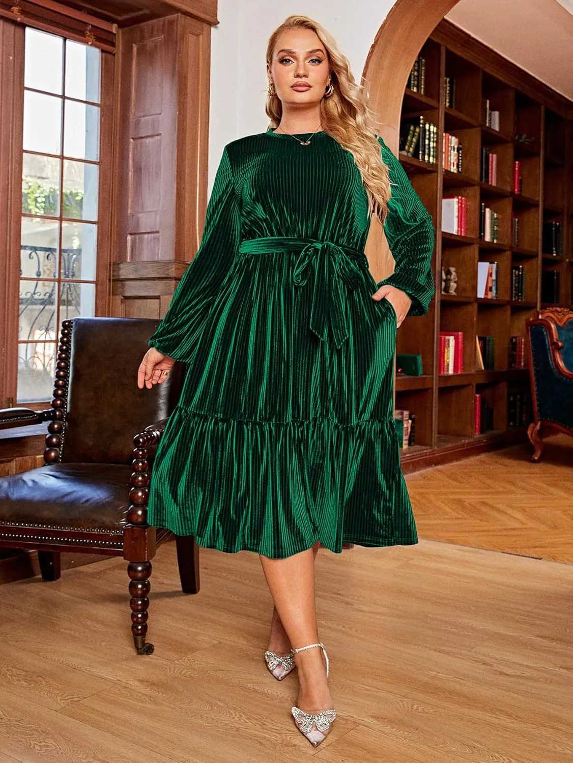 BerryGo Women's Plus Size Long Sleeve Velvet Midi Dress Casual Velour Crew Neck A Line Tiered Dresses for Wedding Guest