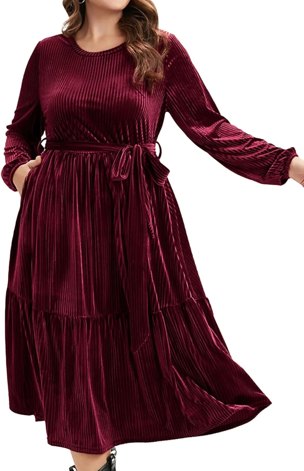 BerryGo Women's Plus Size Long Sleeve Velvet Midi Dress Casual Velour Crew Neck A Line Tiered Dresses for Wedding Guest