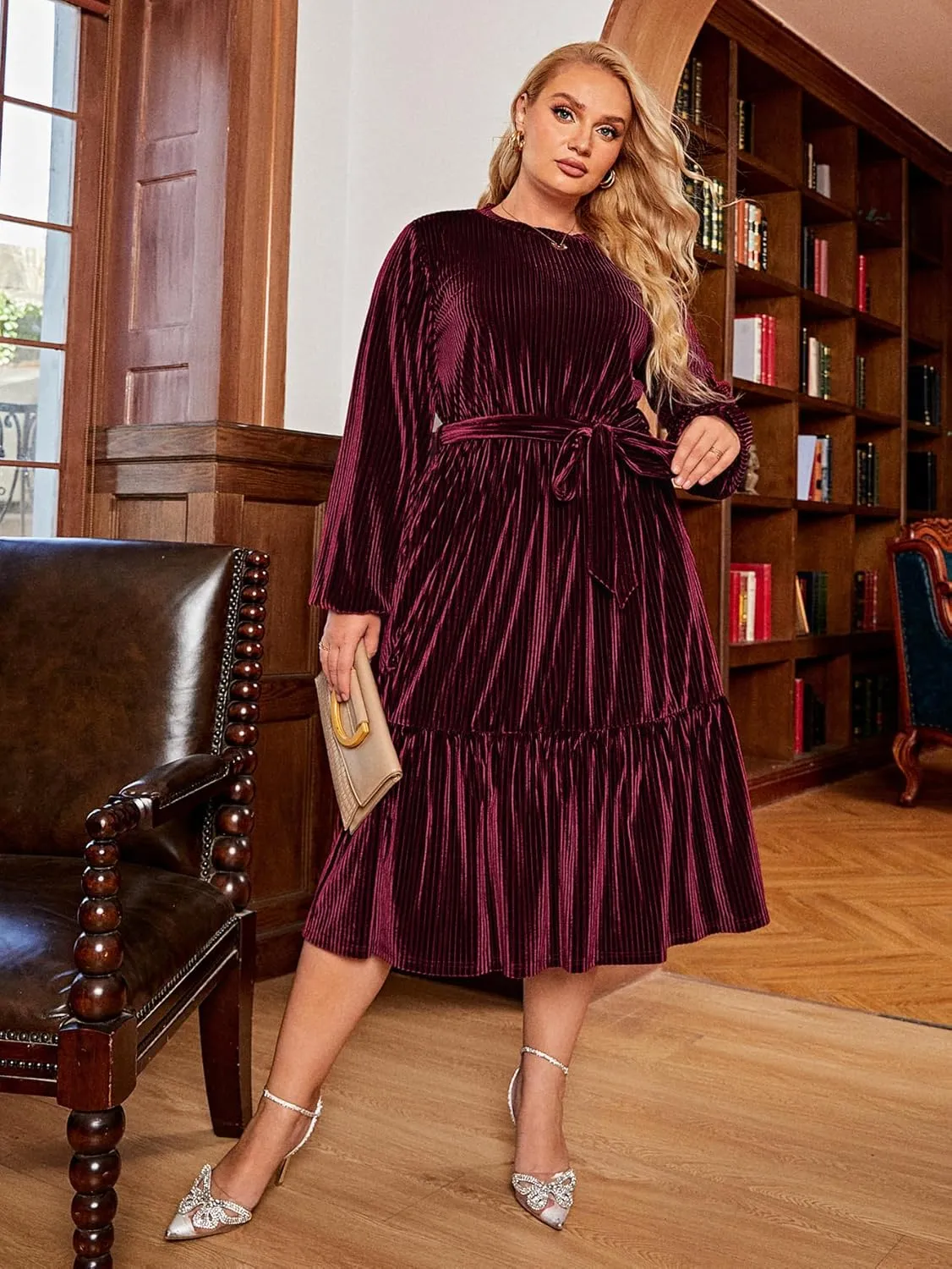 BerryGo Women's Plus Size Long Sleeve Velvet Midi Dress Casual Velour Crew Neck A Line Tiered Dresses for Wedding Guest