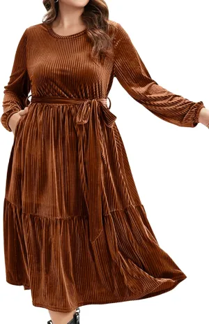 BerryGo Women's Plus Size Long Sleeve Velvet Midi Dress Casual Velour Crew Neck A Line Tiered Dresses for Wedding Guest