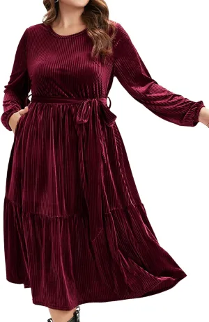 BerryGo Women's Plus Size Long Sleeve Velvet Midi Dress Casual Velour Crew Neck A Line Tiered Dresses for Wedding Guest