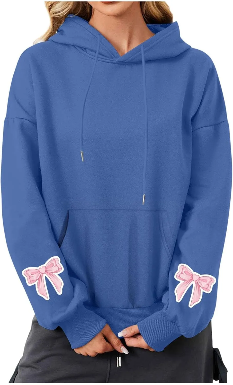 Black Hoodie Women Oversized Relaxed Pink Bow Sleeve Casual Fleece Pullover Hooded Sweatshirt Streetwear Essential