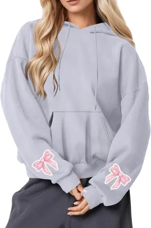 Black Hoodie Women Oversized Relaxed Pink Bow Sleeve Casual Fleece Pullover Hooded Sweatshirt Streetwear Essential