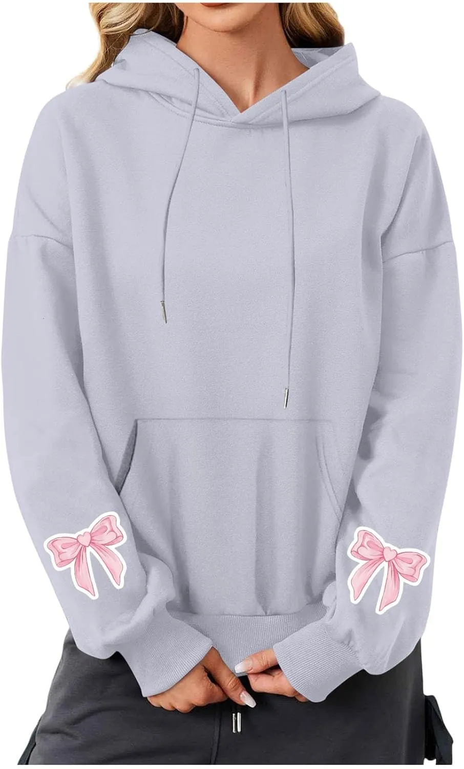 Black Hoodie Women Oversized Relaxed Pink Bow Sleeve Casual Fleece Pullover Hooded Sweatshirt Streetwear Essential