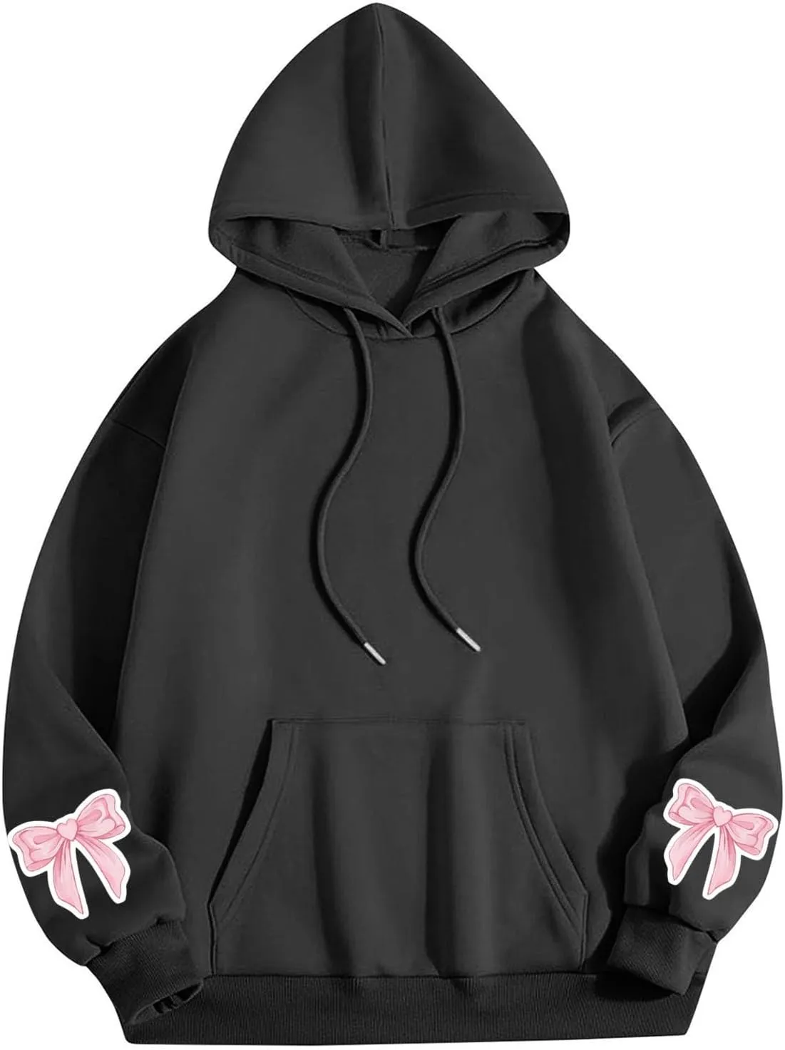 Black Hoodie Women Oversized Relaxed Pink Bow Sleeve Casual Fleece Pullover Hooded Sweatshirt Streetwear Essential