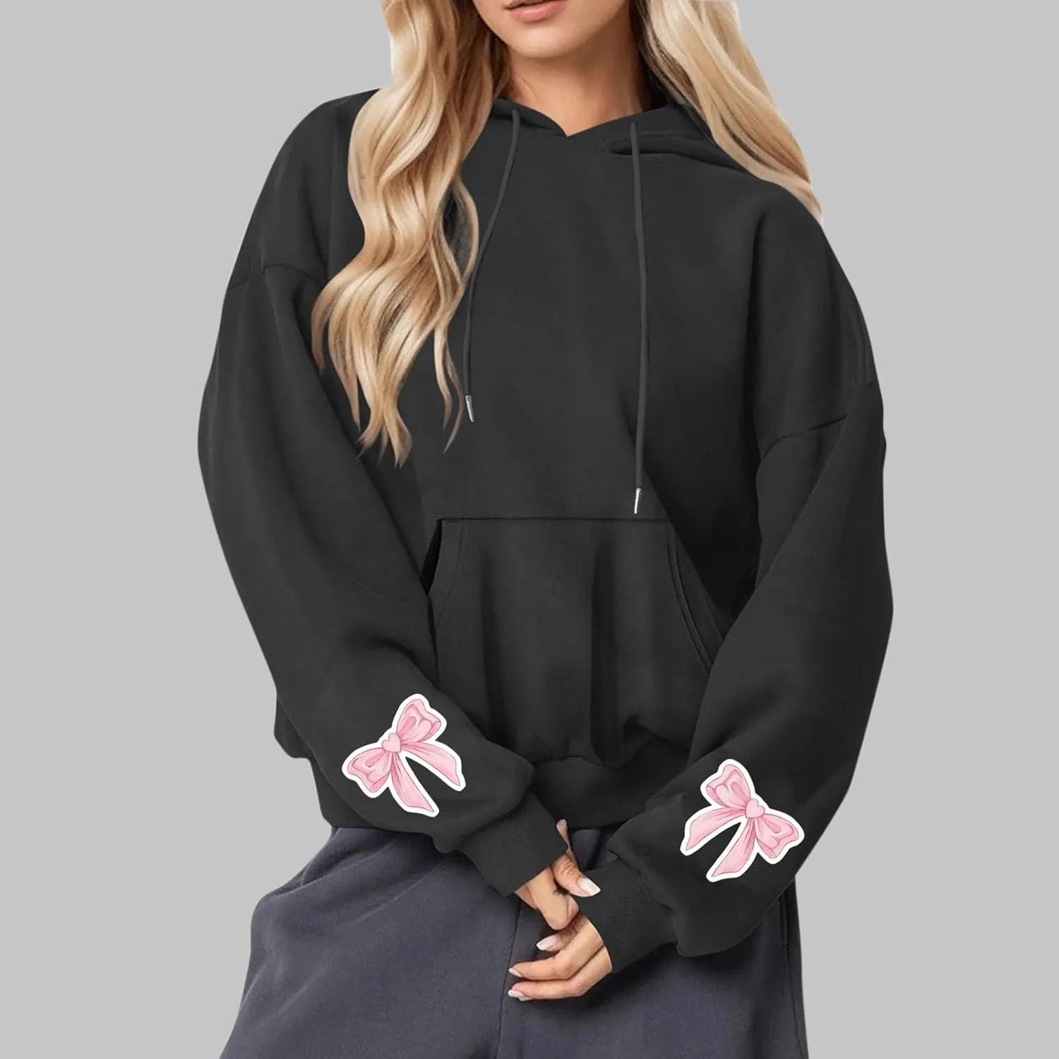 Black Hoodie Women Oversized Relaxed Pink Bow Sleeve Casual Fleece Pullover Hooded Sweatshirt Streetwear Essential