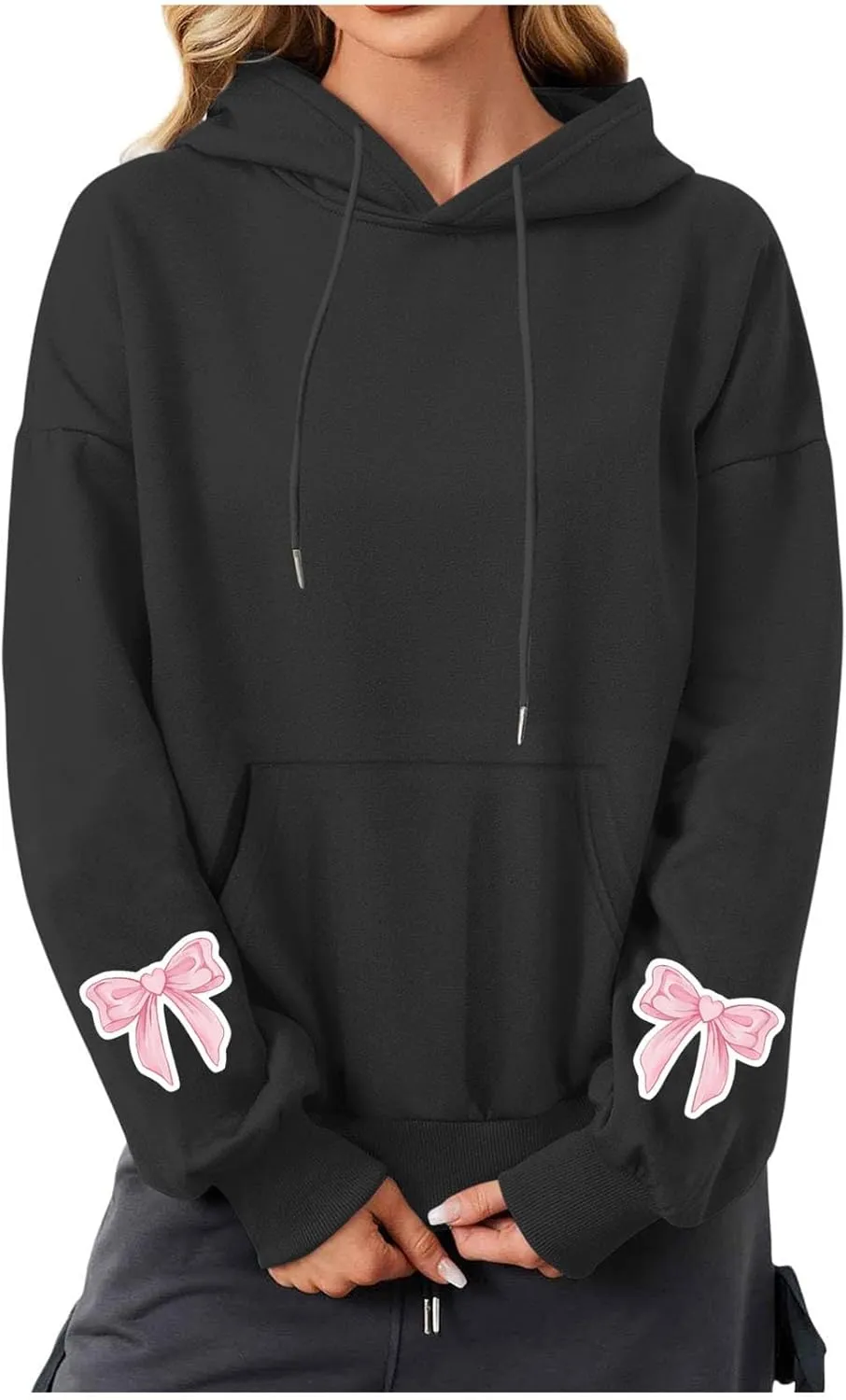 Black Hoodie Women Oversized Relaxed Pink Bow Sleeve Casual Fleece Pullover Hooded Sweatshirt Streetwear Essential