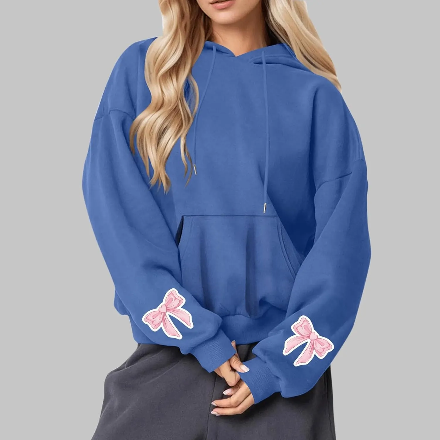 Black Hoodie Women Oversized Relaxed Pink Bow Sleeve Casual Fleece Pullover Hooded Sweatshirt Streetwear Essential