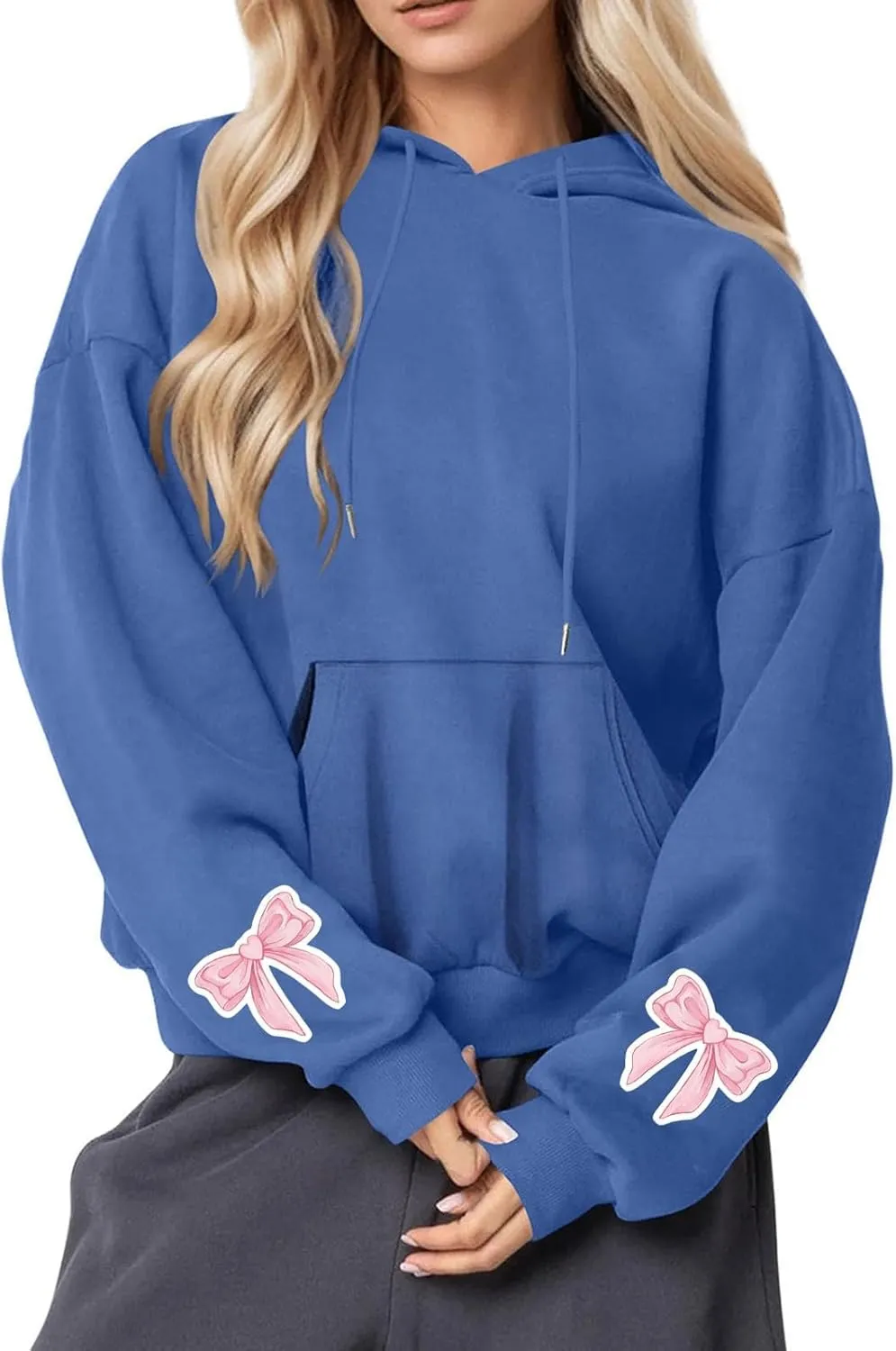 Black Hoodie Women Oversized Relaxed Pink Bow Sleeve Casual Fleece Pullover Hooded Sweatshirt Streetwear Essential