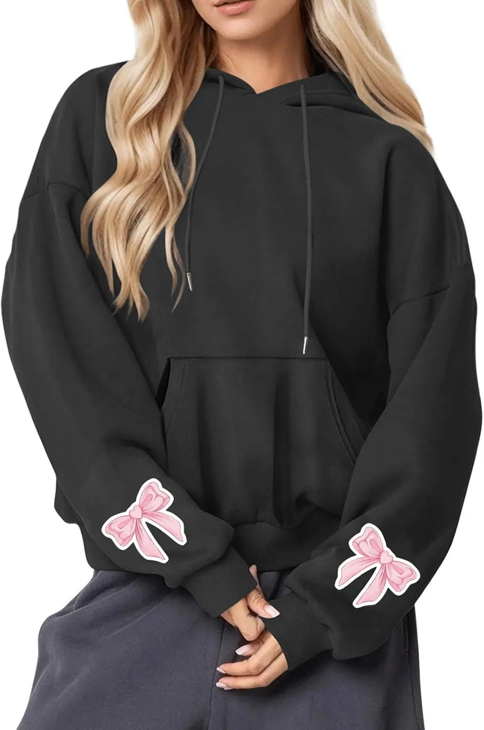 Black Hoodie Women Oversized Relaxed Pink Bow Sleeve Casual Fleece Pullover Hooded Sweatshirt Streetwear Essential