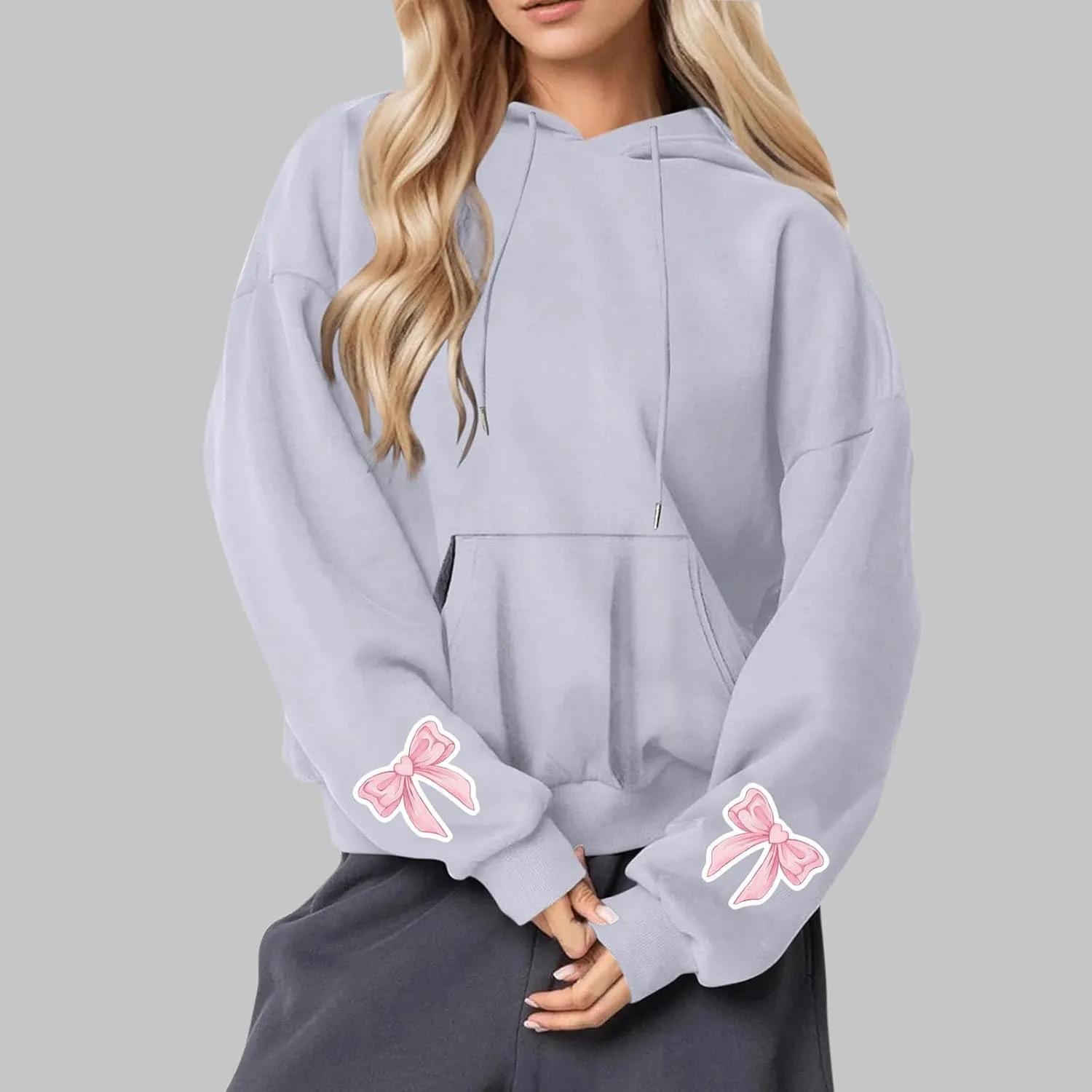 Black Hoodie Women Oversized Relaxed Pink Bow Sleeve Casual Fleece Pullover Hooded Sweatshirt Streetwear Essential