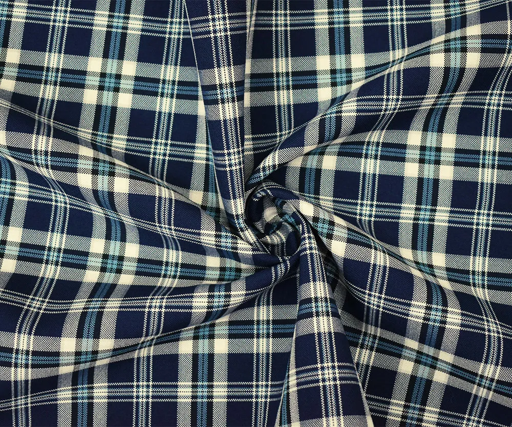 Blue-Ivory-Multi Polyester Plaid Woven Shirting Fabric