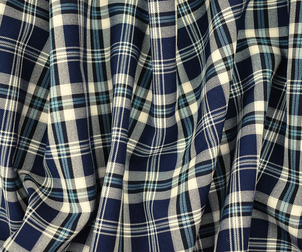 Blue-Ivory-Multi Polyester Plaid Woven Shirting Fabric