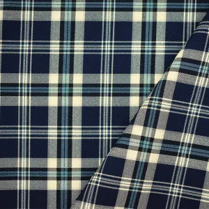 Blue-Ivory-Multi Polyester Plaid Woven Shirting Fabric