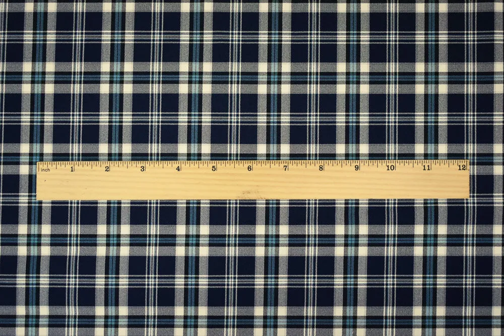 Blue-Ivory-Multi Polyester Plaid Woven Shirting Fabric