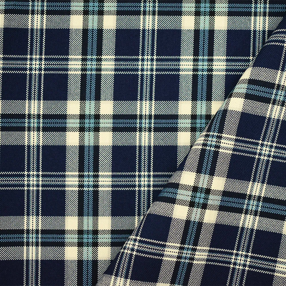 Blue-Ivory-Multi Polyester Plaid Woven Shirting Fabric
