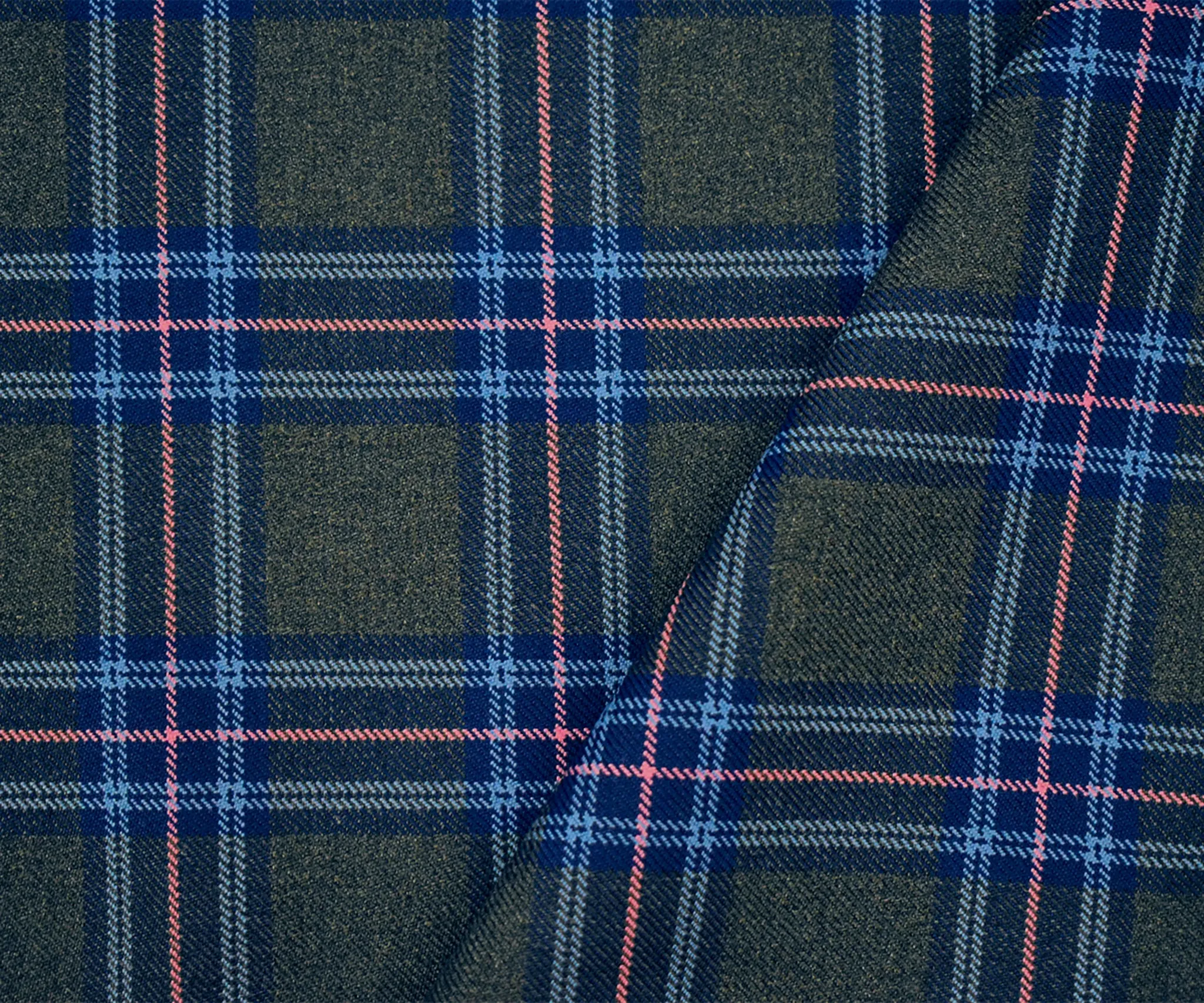 Blue-Pink-Gray Poly-Wool Plaid Twill Woven Suiting Fabric