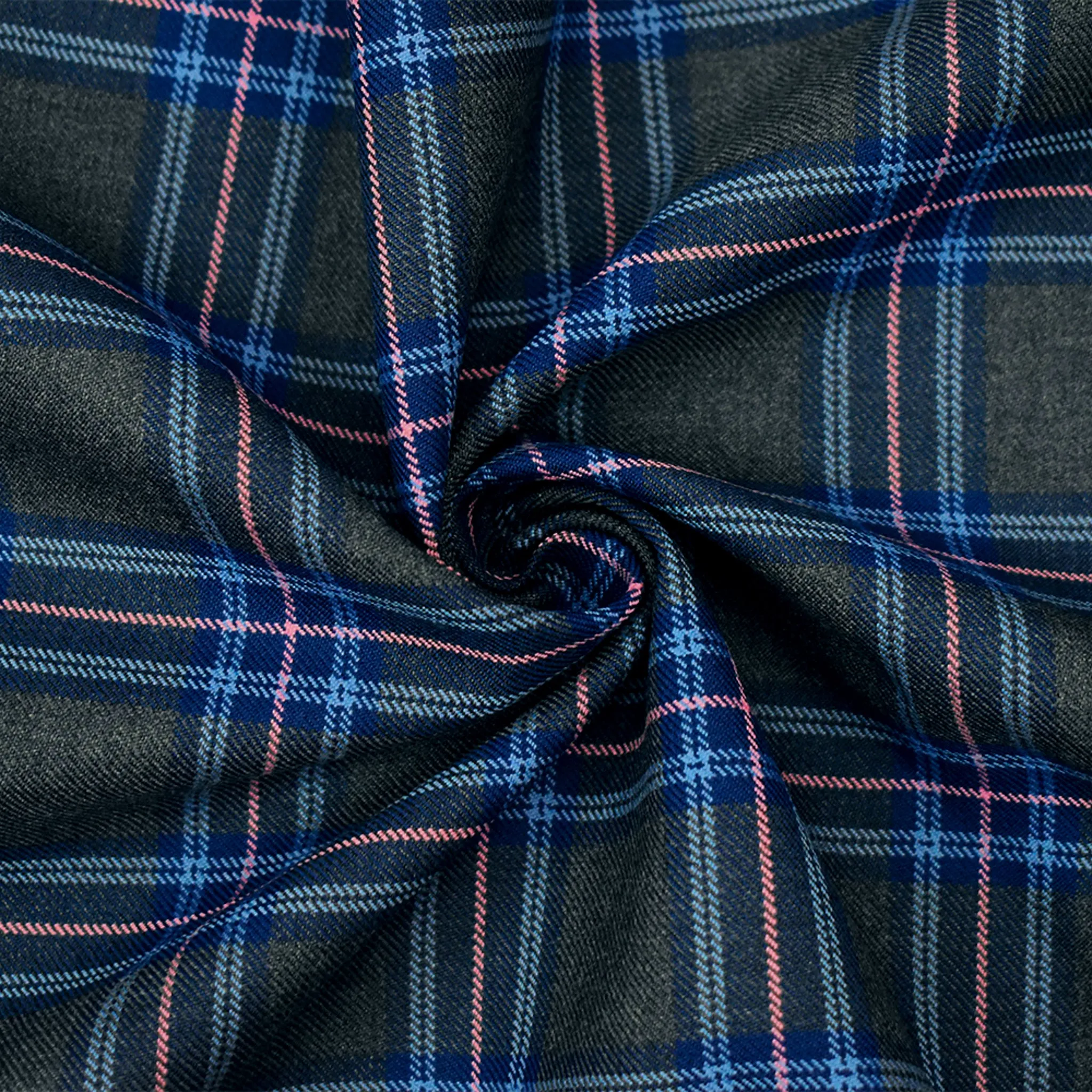 Blue-Pink-Gray Poly-Wool Plaid Twill Woven Suiting Fabric