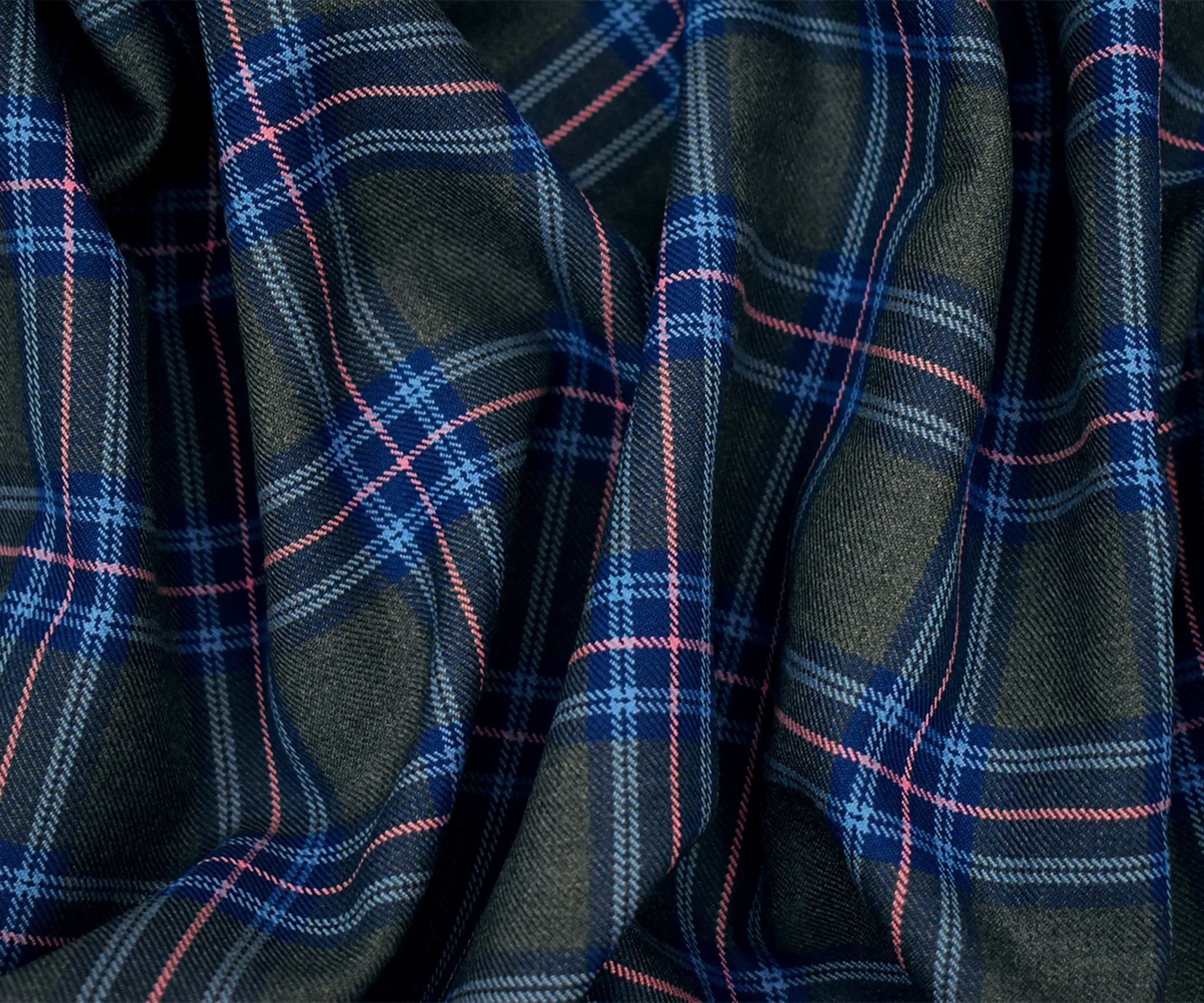 Blue-Pink-Gray Poly-Wool Plaid Twill Woven Suiting Fabric