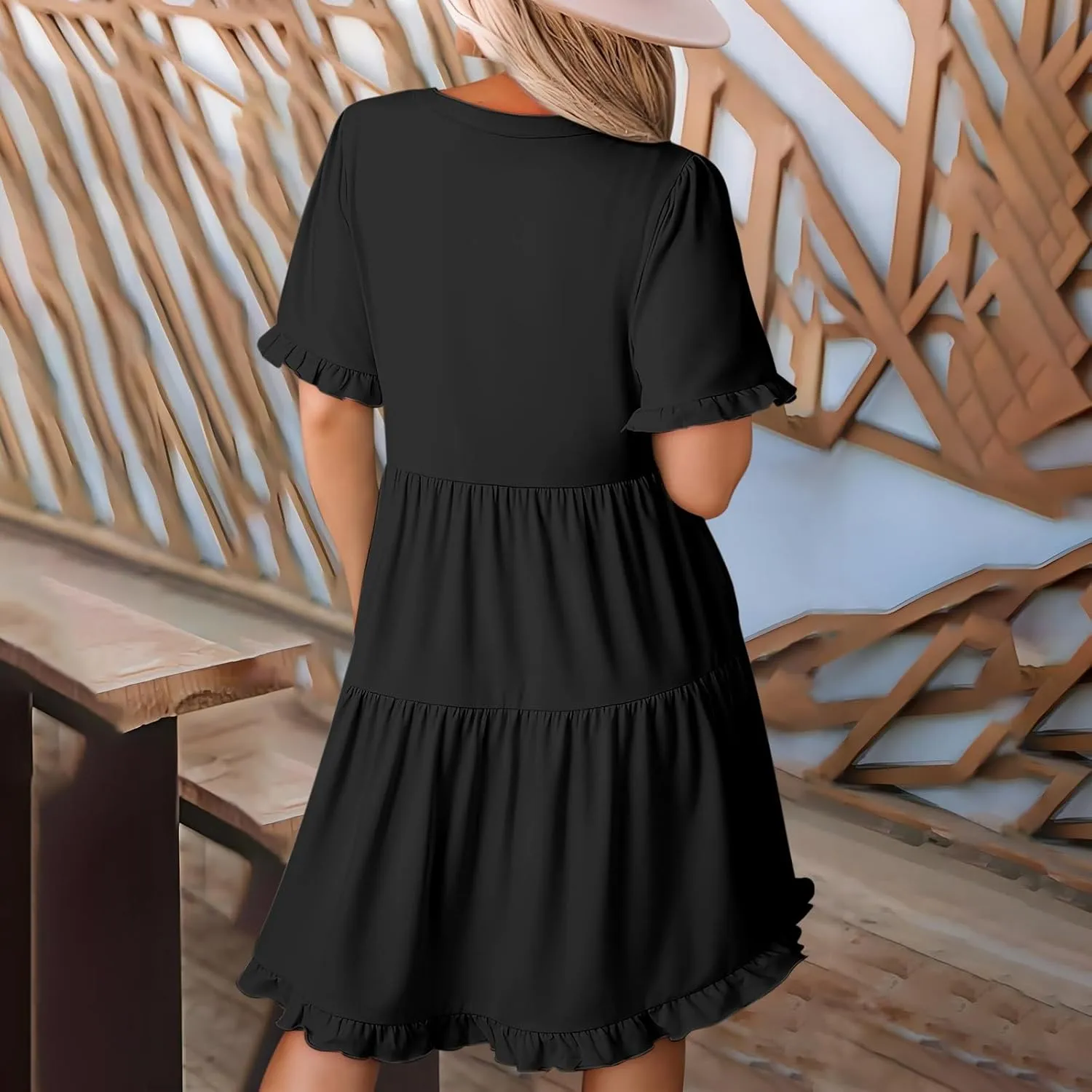 Boho Beach Dresses for Women 2025 Vacation Cute Doll Collar Pleated Flowy Ruffle Dress Summer Casual Swing Midi Dress