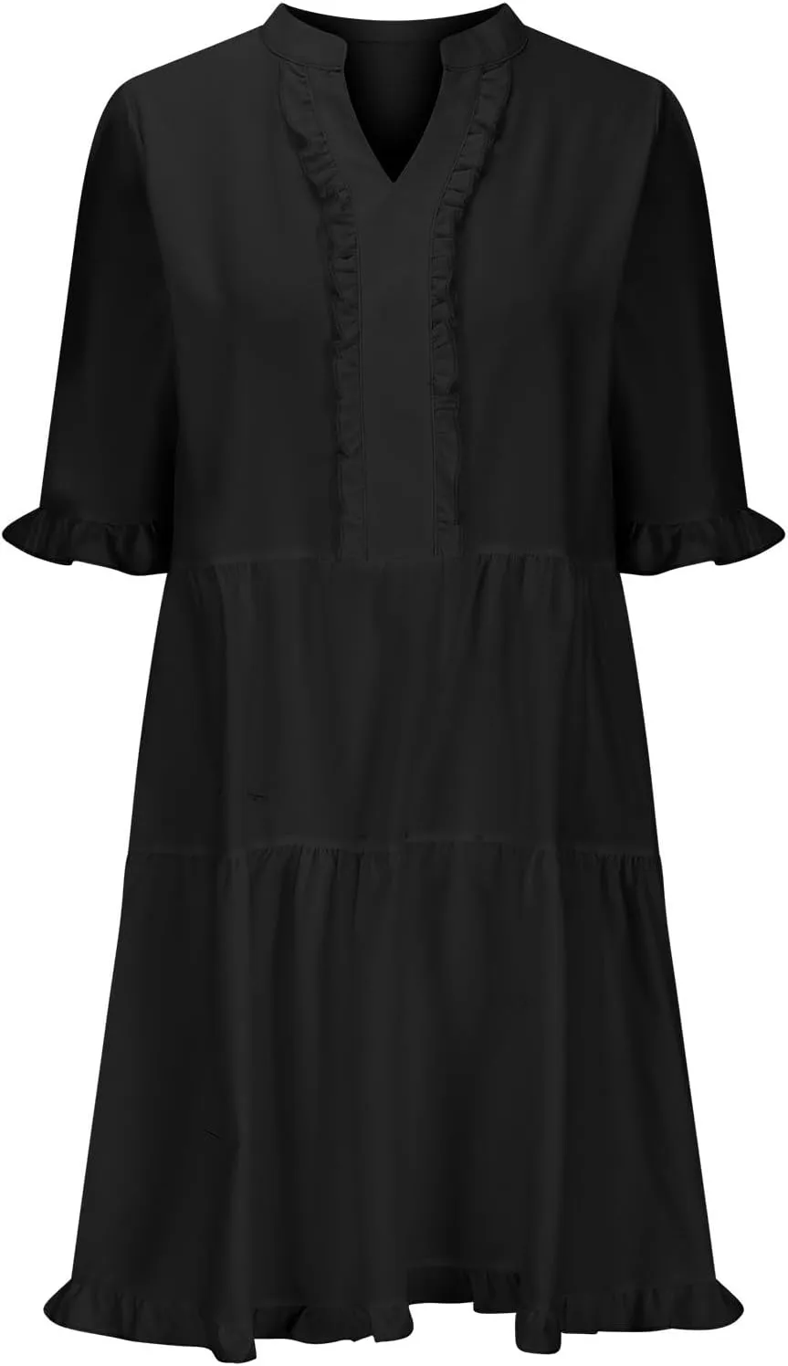 Boho Beach Dresses for Women 2025 Vacation Cute Doll Collar Pleated Flowy Ruffle Dress Summer Casual Swing Midi Dress